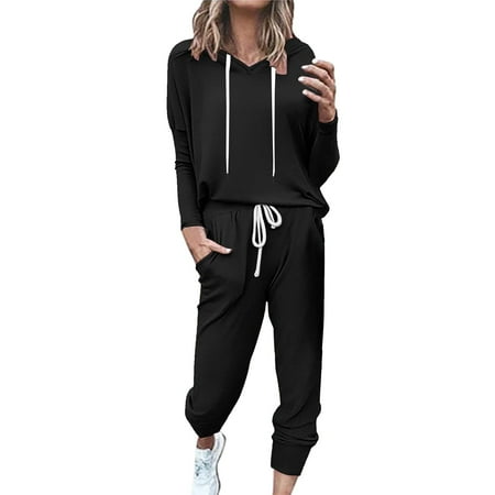 Nokdvo Petite Lounge Sets for Women Two Piece Athletic Matching Clothes Set Fall Long Sleeve Hoodie High Waisted Pants Sets Sweat Suits Black 2XL