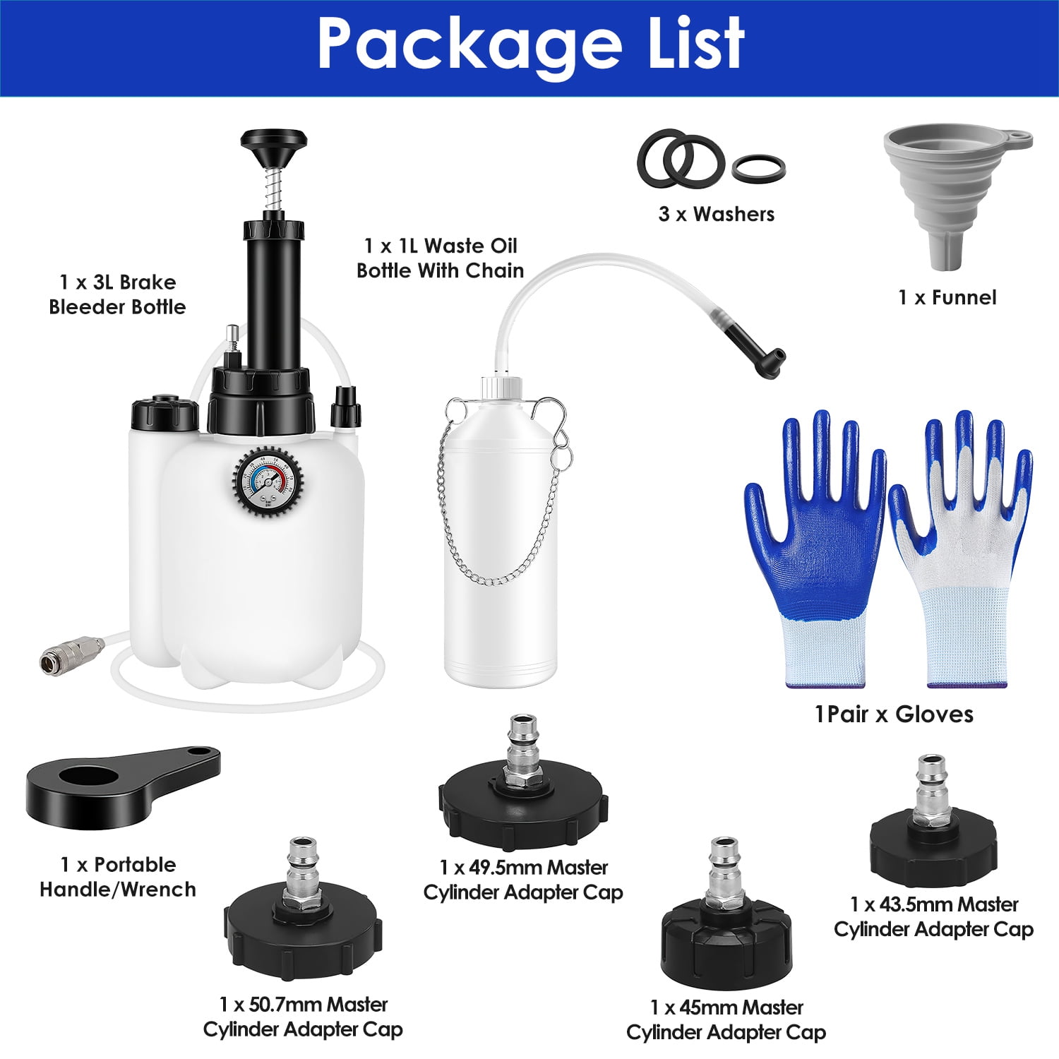 TeqHome 3L Manual Brake Bleeder Kit One Person Brake Bleed Vacuum Pump Kit for Various Vehicles 1L Waste Oil Bottle 4 Master Cylinder Adapters Gloves Funnel