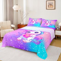 jejeloiu Kawaii Cute Unicorn Queen Sheet Sets,3D Caroon Loves Flat Sheet,Dreamy Fairy Tale Theme Queen Fitted Sheet For Girl,Breathable Home Decor,4 Pieces