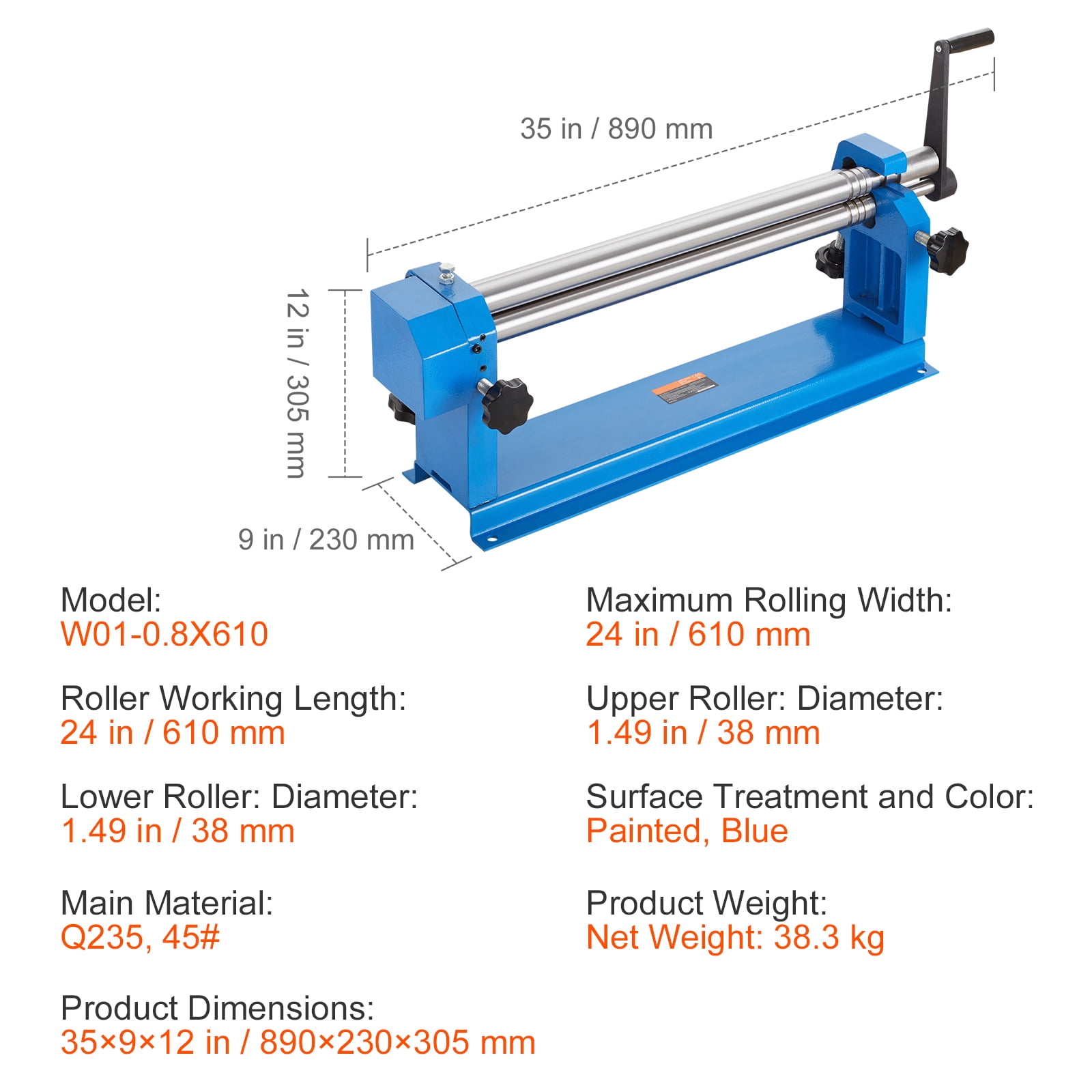 VEVOR Slip Roll Machine Sheet Metal Slip Roller 24'' x 16 Gauge φ1.49 in Roller