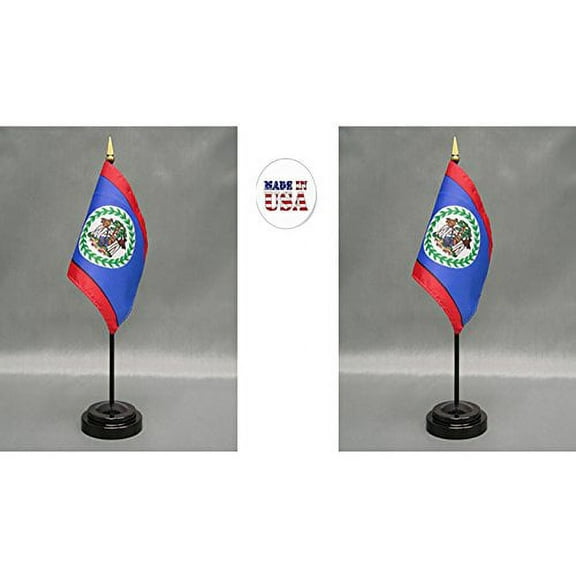Made in The USA. 2 Belize Rayon 4"x6" Miniature Office Desk & Little Hand Waving Table Flags Includes 2 Flag Stands & 2 Small Mini Belizean Stick Flags