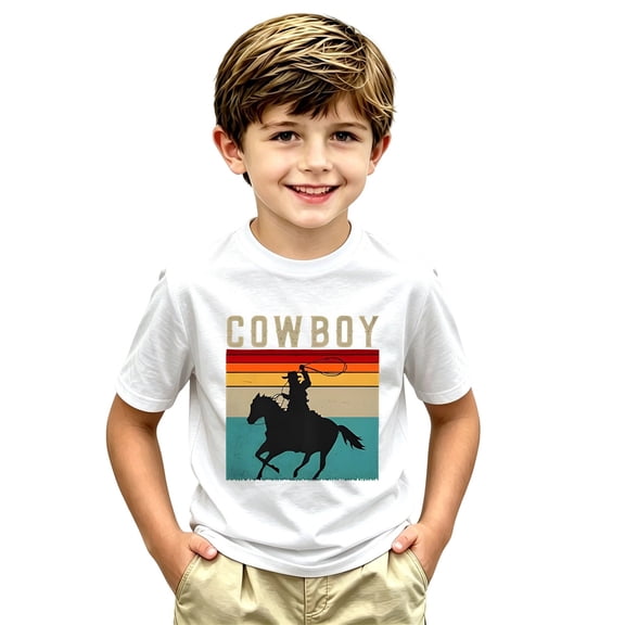 FYDUU Boys Graphic Tees Cowboy Style T-Shirts Short Sleeve Crewneck Tops Fashion Casual T Shirts for Children Youth Stylish Tshirt Top