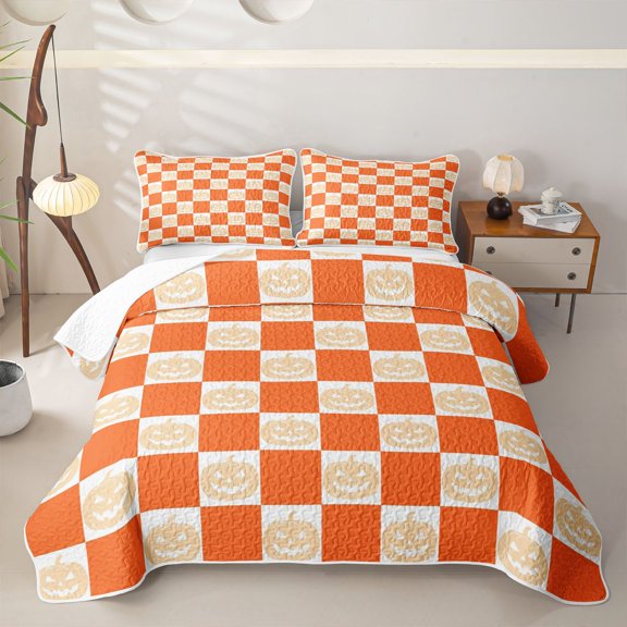 Homewish Pumpkin Plaid Twin Quilt Set, Happy Halloween Twin Coverlet Set, Orange Cream White, 2 Pieces 1 Bedspread and 1 Pillowcase