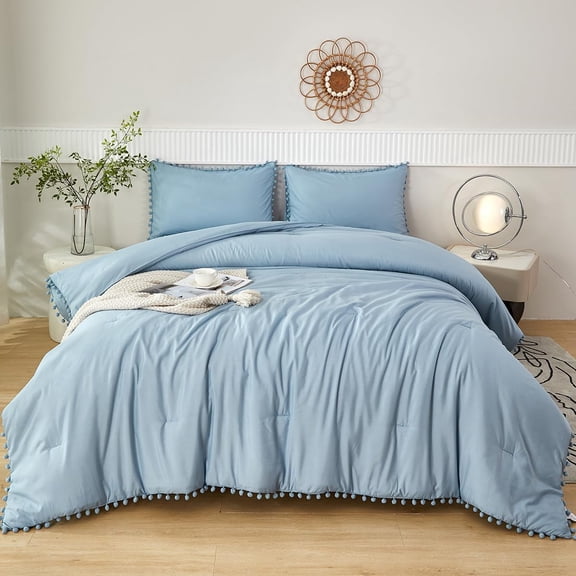 5 Pcs Grayish Blue Bed in A Bag Twin Aesthetic Boho Comforter with Pom Pom Soft Fluffy Light Blue Solid Bedding Quilt Set for Girls Boys(Grayish Blue, Twin)