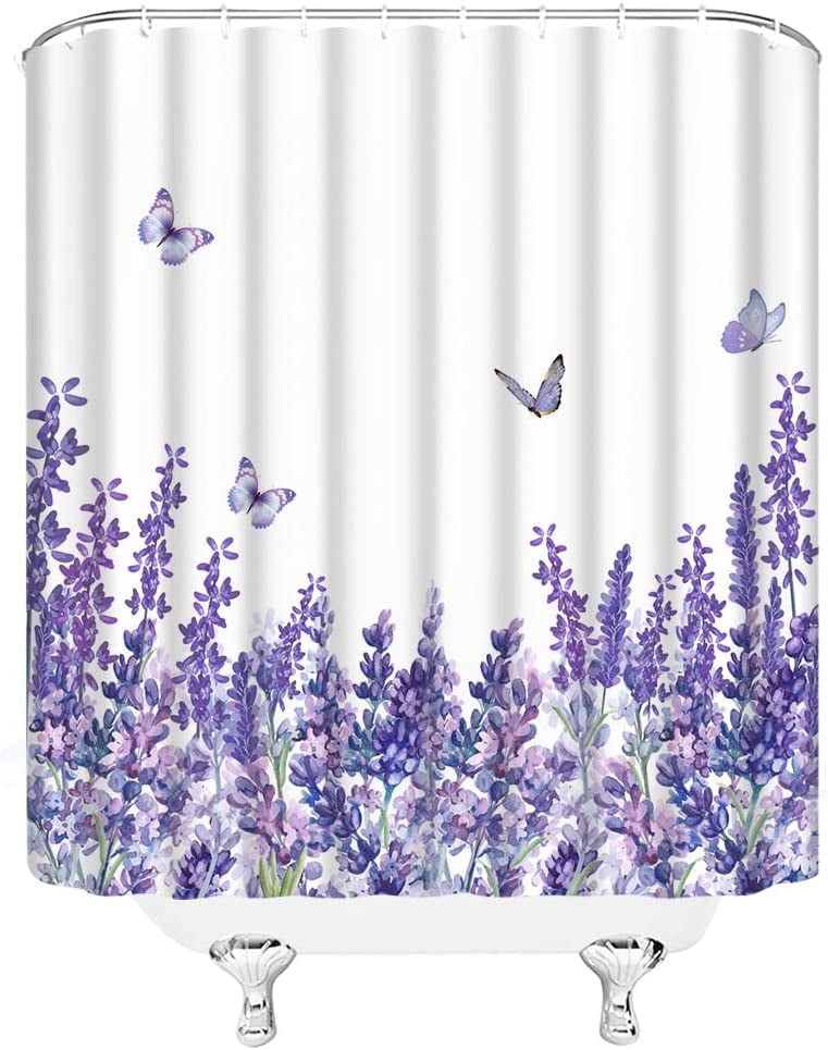 Lavender Shower Curtain Purple Floral Watercolor Flower Butterfly Spring Nature Violet Home Decor Fabric Bathroom Curtain Set with Hooks（84" Wx70 H）