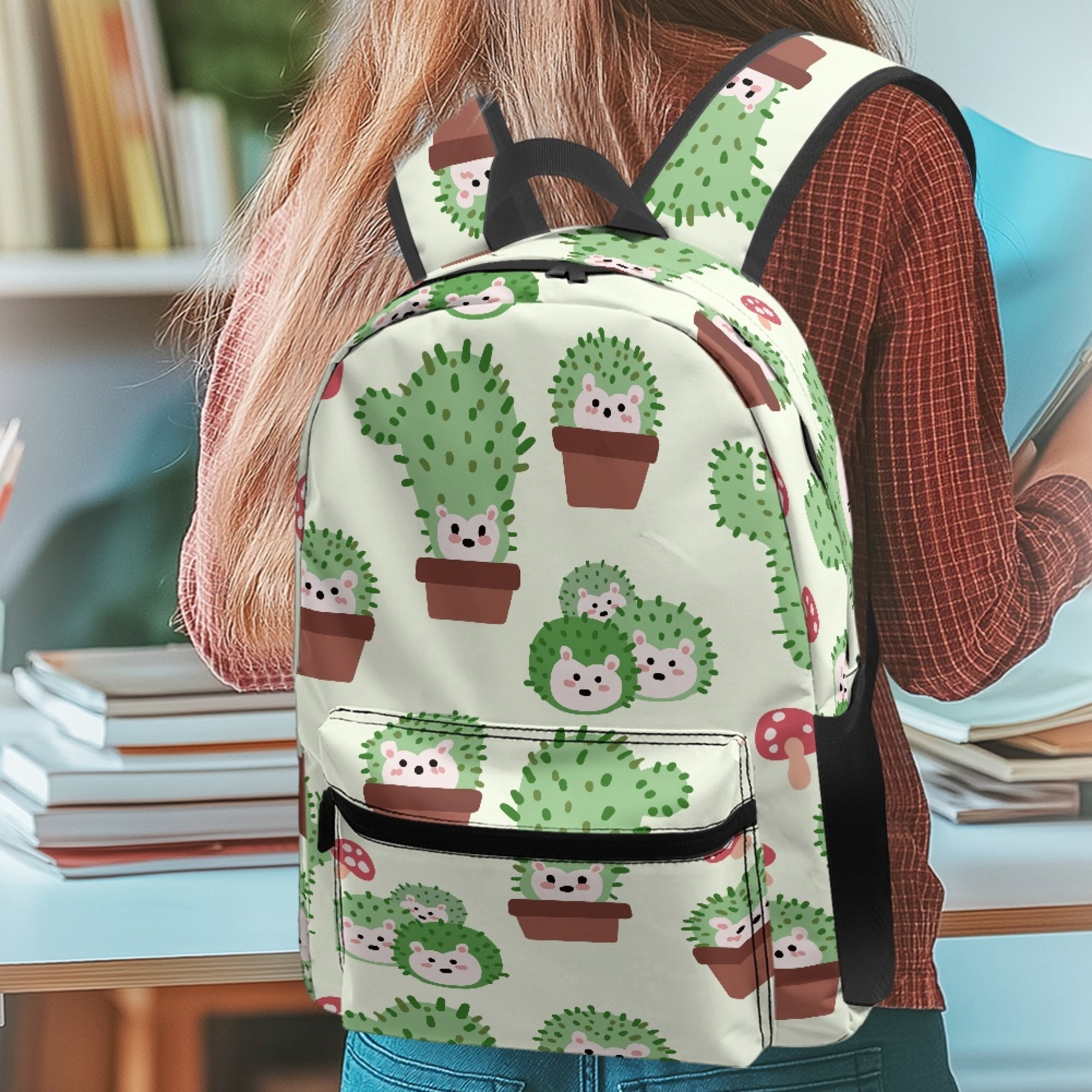 Uourmeti Cute Casual Backpack with Cactus Hedgehog Design - Great for Daily School and Outdoor Travel