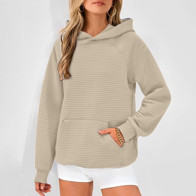 RXIRUCGD Chandail à Capuchon Décontracté pour Femme à Col Rond, Manches Longues, Couleur Unie, Kaki, Taille : S
