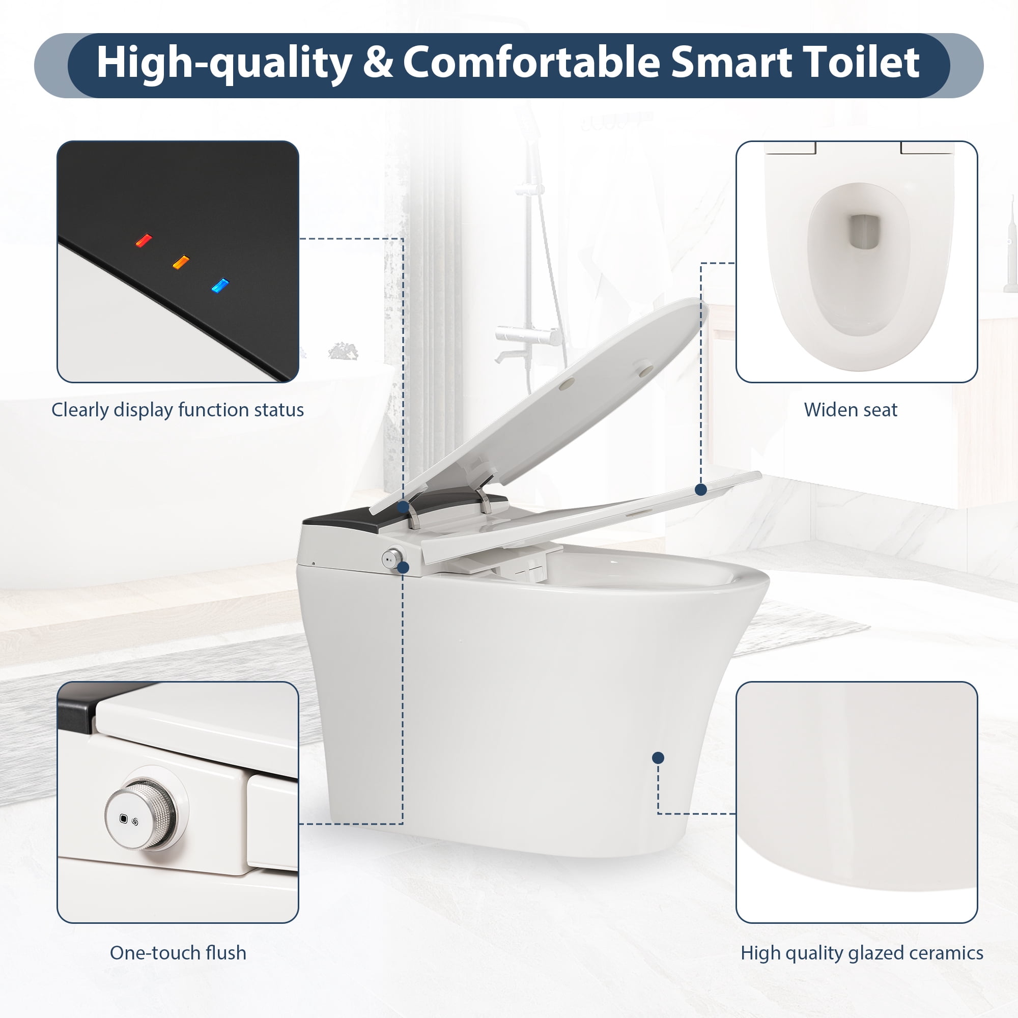 Alvantor Tankless Smart toilet Built-in Heated Seat, Modern Toilet with Auto Flush, Foot sensor Flush, Night Light, Power Outage Flushing, Soft Close Cover,White