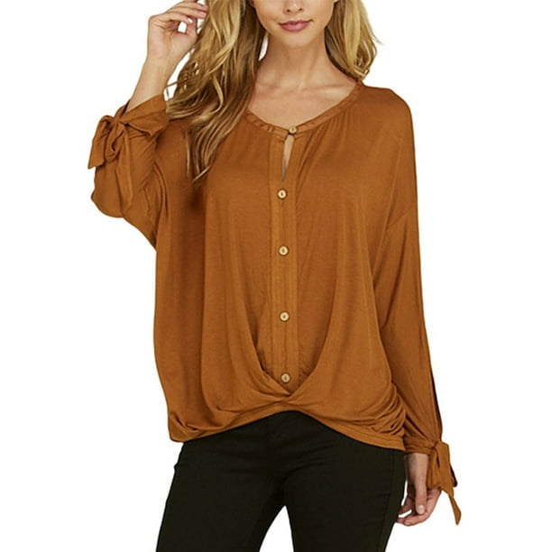 DYMADE - DYMADE Women Round Neck Button Front Long Sleeve Casual Loose ...