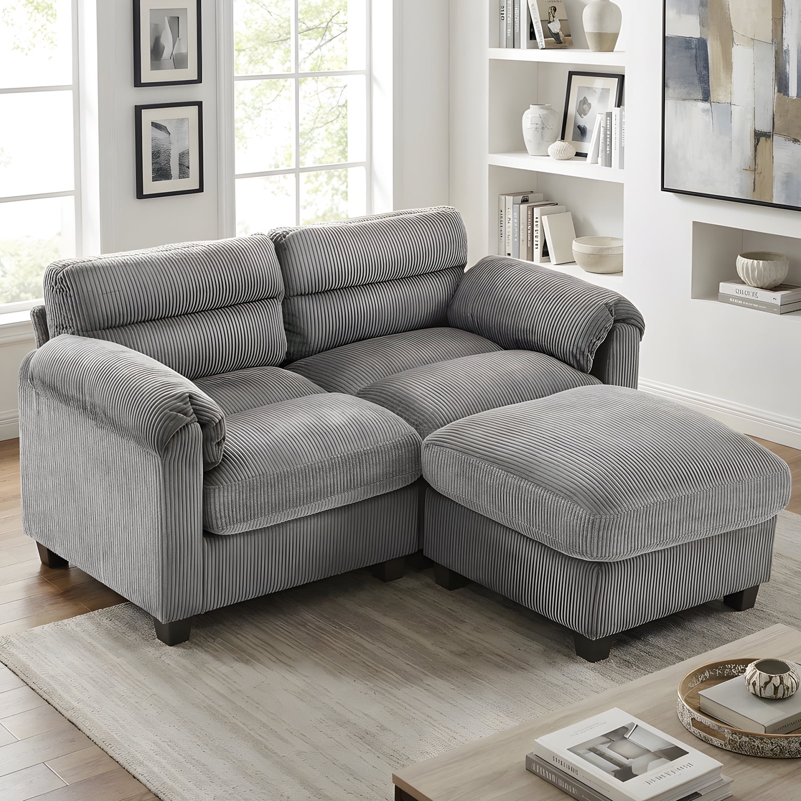Bonzy Home Modern Loveseat with Ottoman Modular Sectional Sofa Couches for Living Room Entertaining Guests or Relaxing Alone for Small Spaces Apartment Gray