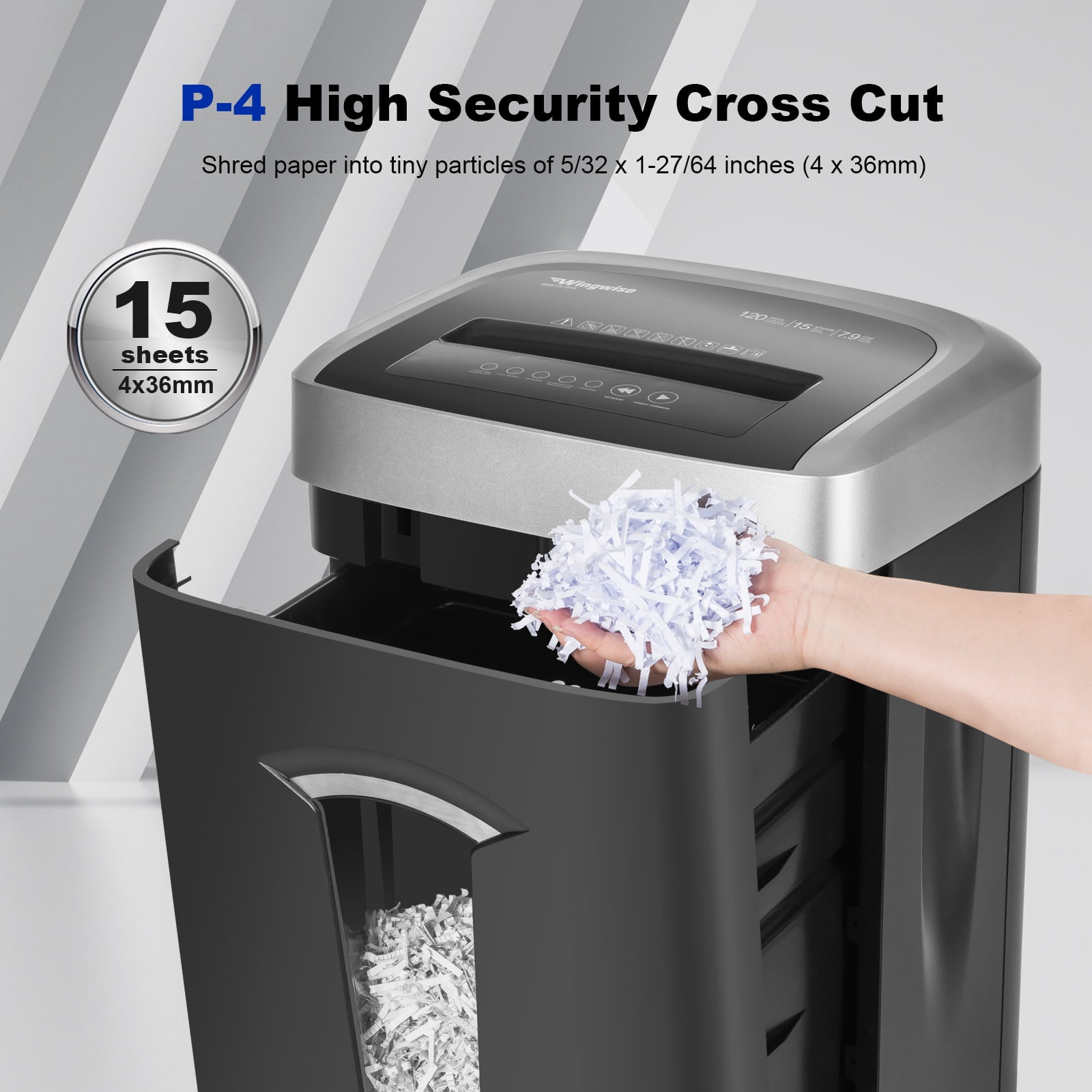 Wingwise Paper Shredder, 15 Sheets Cross Cut Shredder, 8 Gallon Bin, CD/Credit Card Shredder with Dual Modes, Home & Office Use