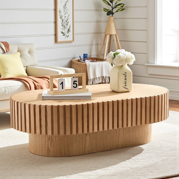 Hassch 43.7" Compact Oval Coffee Table for Living Room, Modern Center Table with Wood Veneer Surface and Pedestal Base, Easy Assembly & Cleaning, Natural