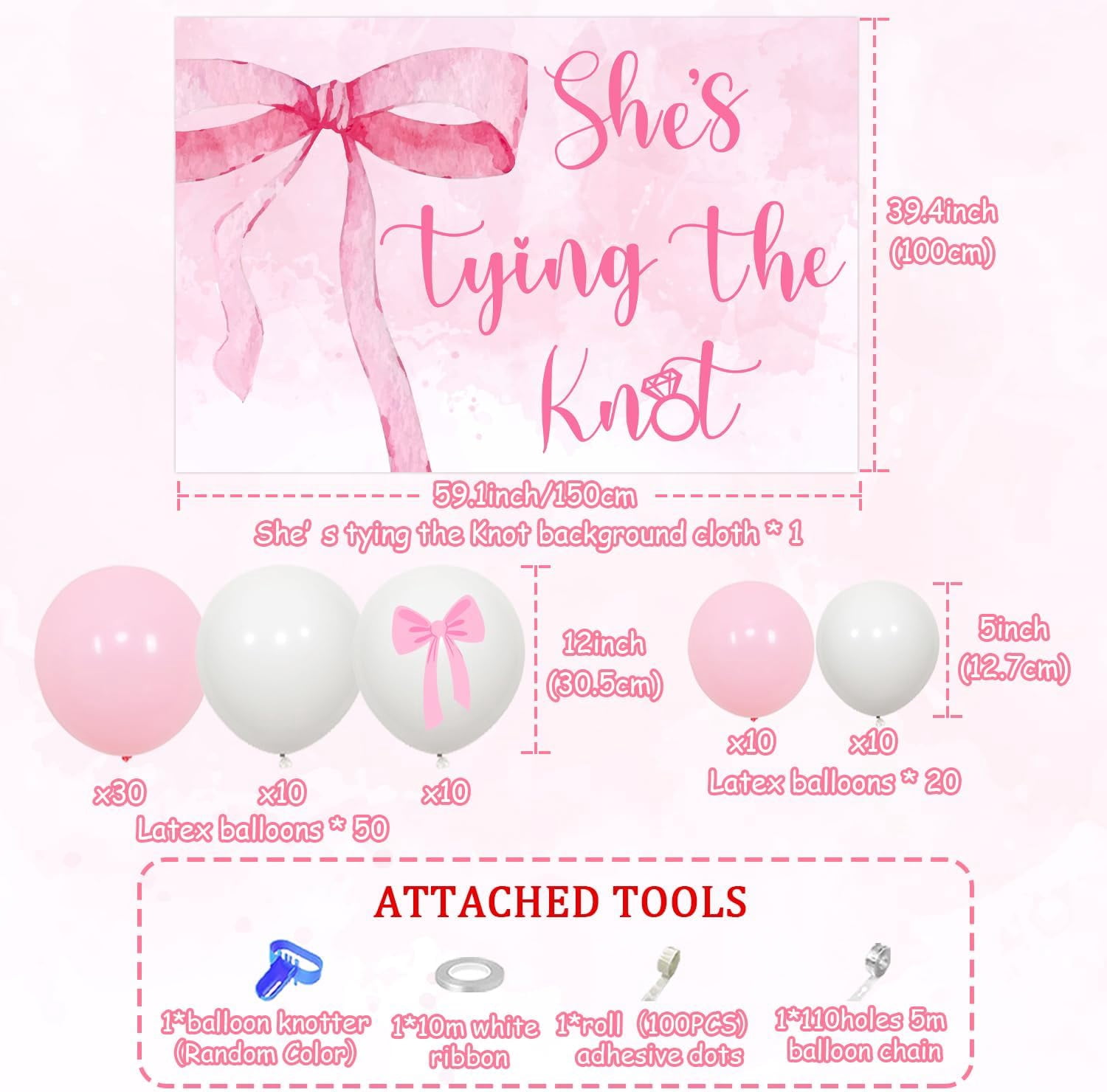 Merrystorm She's Tying The Knot Bridal Shower Decorations, Pink Bow Coquette Bachelorette Party Supplies Backdrop Banner Bow Balloon Garland Arch Kit for Women Bachelorette Bridal Shower
