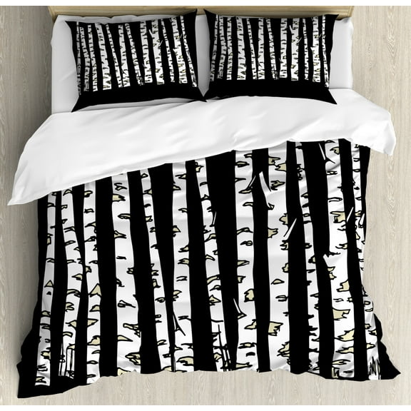 Forest Duvet Cover Set Queen Size, Tree Trunks Woodland Theme Forest Growth Season Monochrome Illustration, Decorative 3 Piece Bedding Set with 2 Pillow Shams, Charcoal Grey and White, by Ambesonne