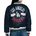 thumbnail image 3 of Women's Starter  Navy Los Angeles Dodgers Printed Logo Cropped Satin Varsity Full-Snap Jacket, 3 of 3