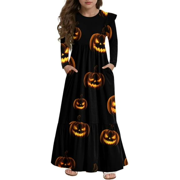 Abcomgle Halloween Dresses for Girls 5t-6t Cute A-Line Ruffle Long Sleeve Midi Dress for Girls Funny Pumpkin Face Graphic Dresses for Girls Tiered Holiday Swing Dress Outfits,5-6 Years