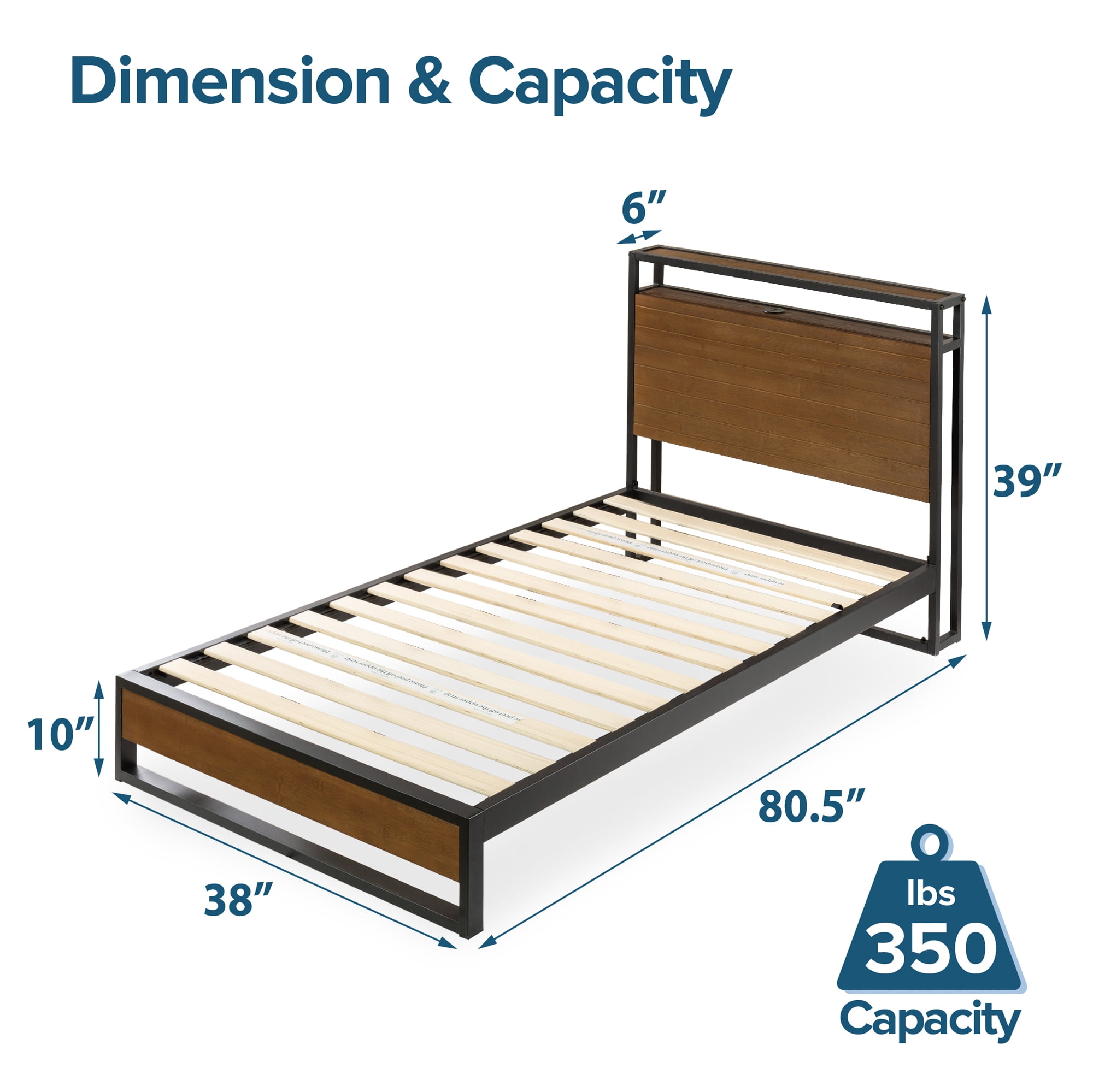 Zinus Suzanne 39" Bamboo and Metal Platform Bed Frame with Shelf and USB Ports, Adult, Twin