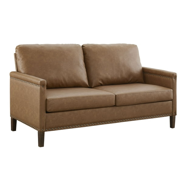 Apartment Upholstered Sofa with Nail Head Trim, Brown Faux Leather
