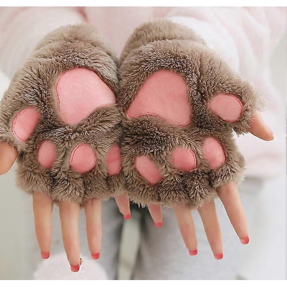 Guantes de garra de gato Lindos guantes de dedos abiertos de niña con dibujos de gatos, guantes de medio dedo con pata de oso y pelusa gruesa en invierno