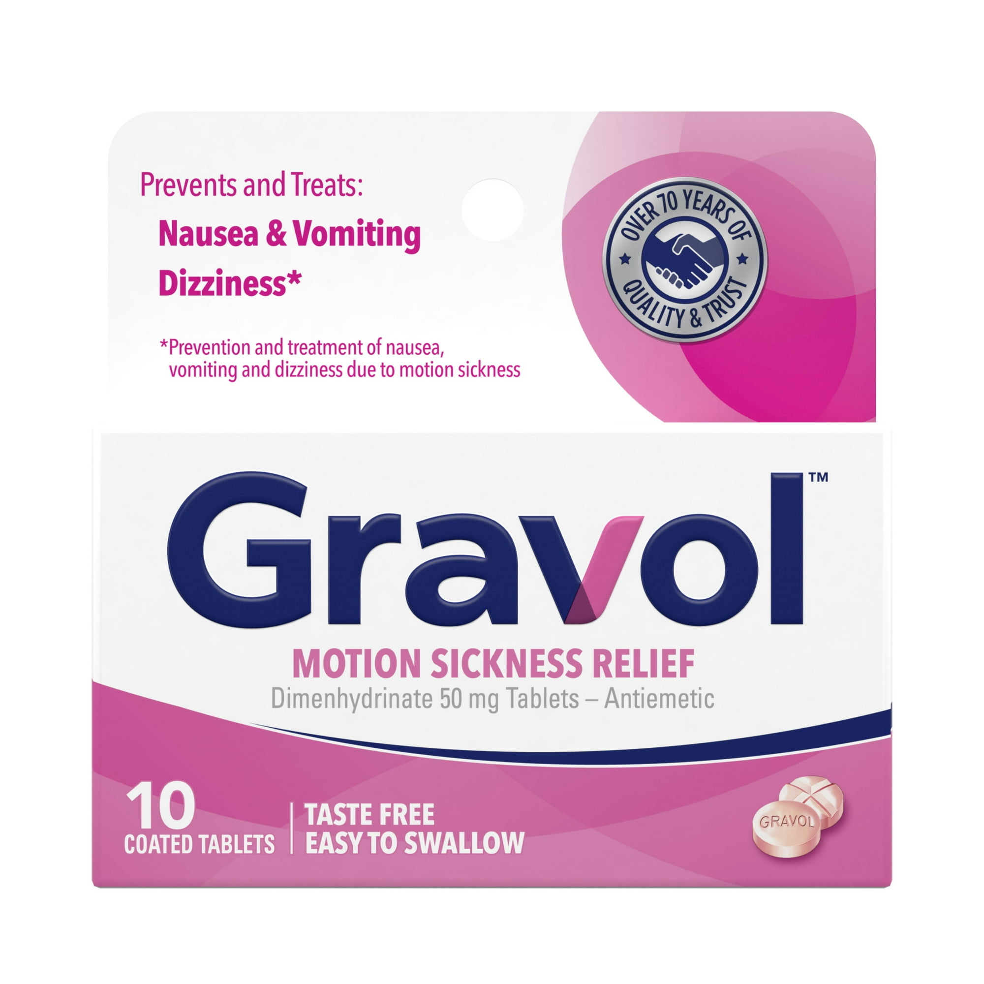 Gravol Motion Sickness Relief and Nausea Prevention, 50 mg Coated Tablets, 10 Ct.