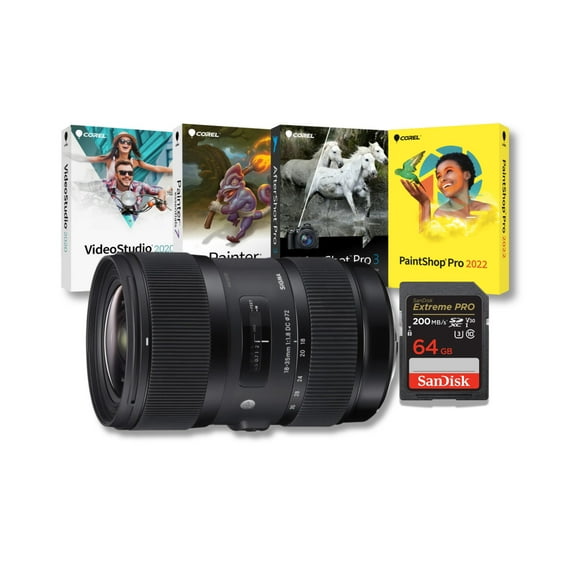 Sigma 18-35mm f/1.8 DC HSM Art Hyper Sonic Motor Focusing 9-Blade Rounded Diaphragm Lens (Canon EF) Bundle with 64GB Memory Card and Software Suite (3 Items)