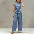 thumbnail image 4 of Mifsaly Women Two Piece Outfits Sets Summer Sleeveless Crewneck Tie Waist Tank Top and Wide Leg Pants with Pockets Elegant Solid Business Casual Vacation Matching Clothes Blue,XS, 4 of 6