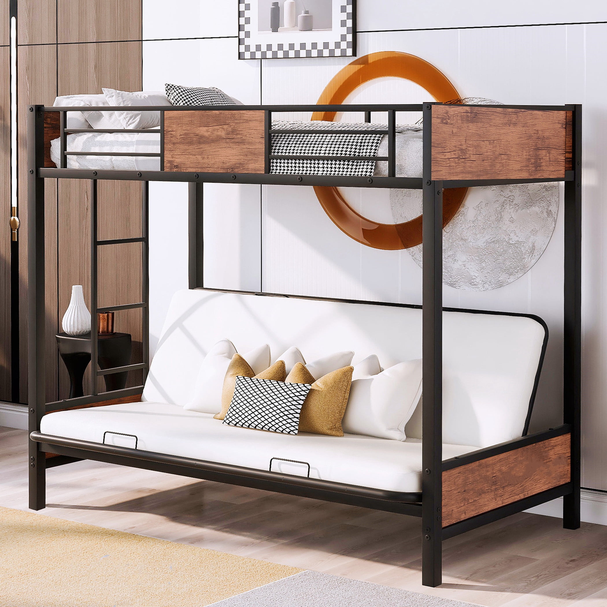 Aukfa Twin over Futon Bunk Bed, Metal Twin over Full Bunk Bed for Kids Teens, Space Save, Black