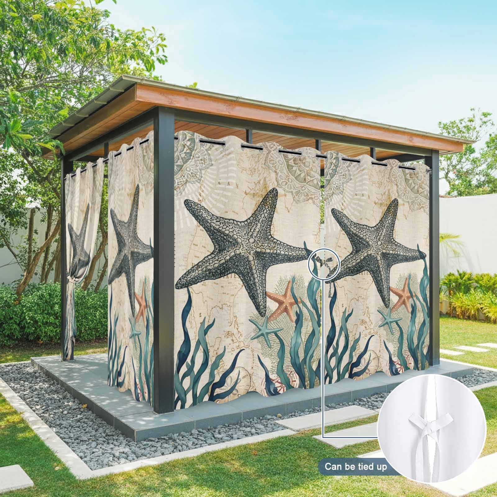 Rustic Ocean Starfish Outdoor Curtains for Patio, Country Nautical Coastal Beach Seaweed Sand Dollar Sunshade Privacy Drapes Grommet Waterproof Outside Curtains for Porch Balcony 54"x108", 1 Panel