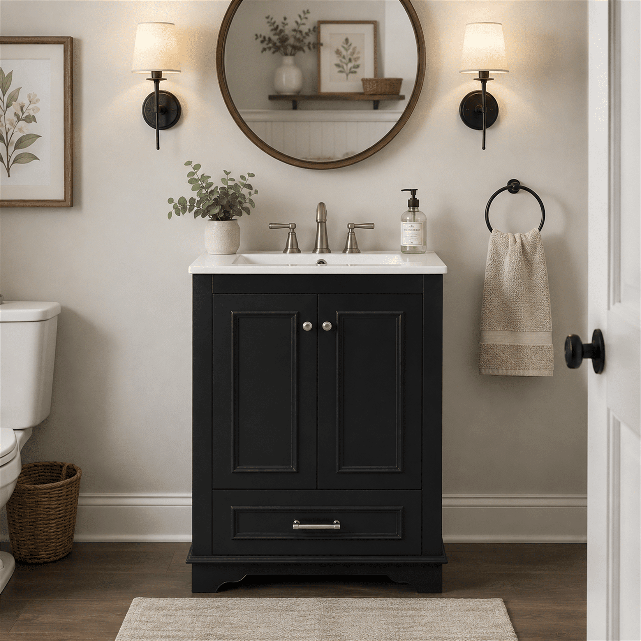 Homy Casa 24" Bathroom Vanity with Sink, Freestanding Soft-Close Cabinet for Small Bathrooms, Black