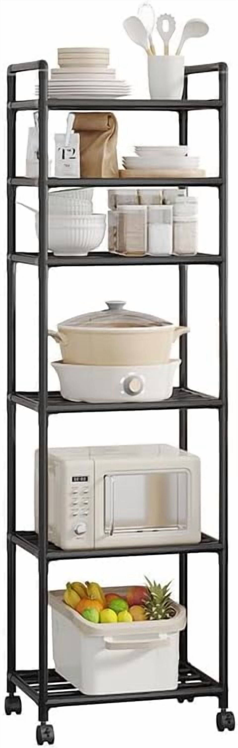 Black Shelving Unit, 42x 32 x 165 cm, 6 Tier Tall Narrow Shelving Unit with Wheels and Anti-Slip Feet, Adjustable Shelving (Black)