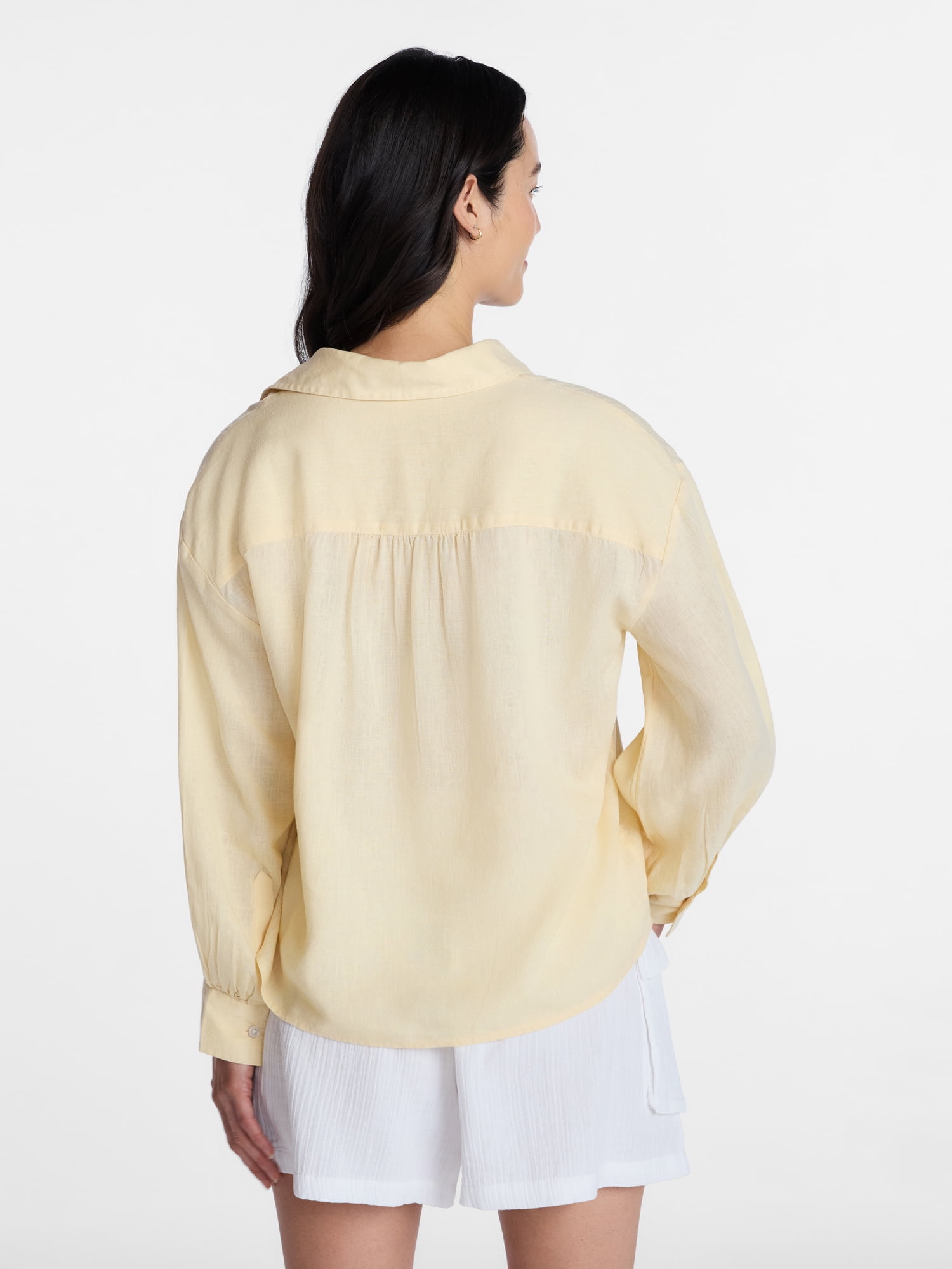 Time and Tru Women's Linen Blend Button Front Cropped Top with Long Sleeves, Sizes XS-XXXL