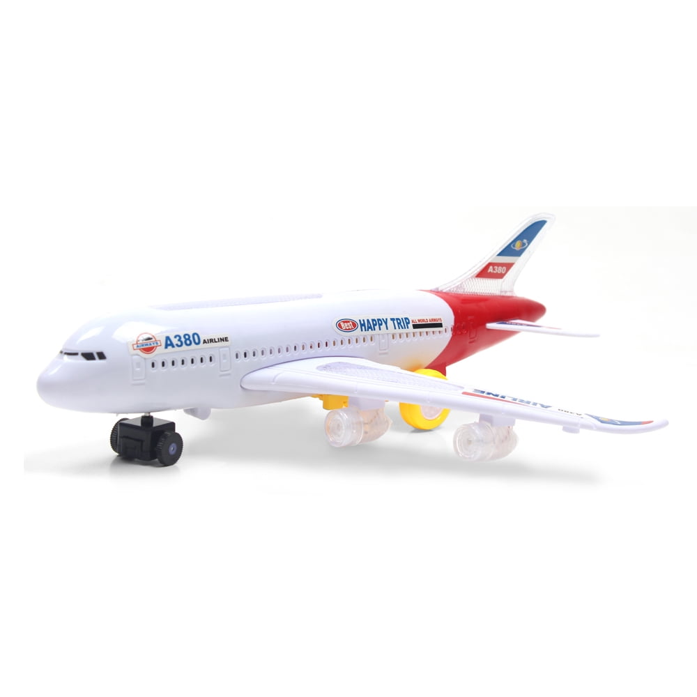 PlayWorld All Aboard! Bump and Go Electric Air Bus A380 Kids Action Airplane - Model Plane with LED Lights and Sounds - Changes Direction On Contact - Red
