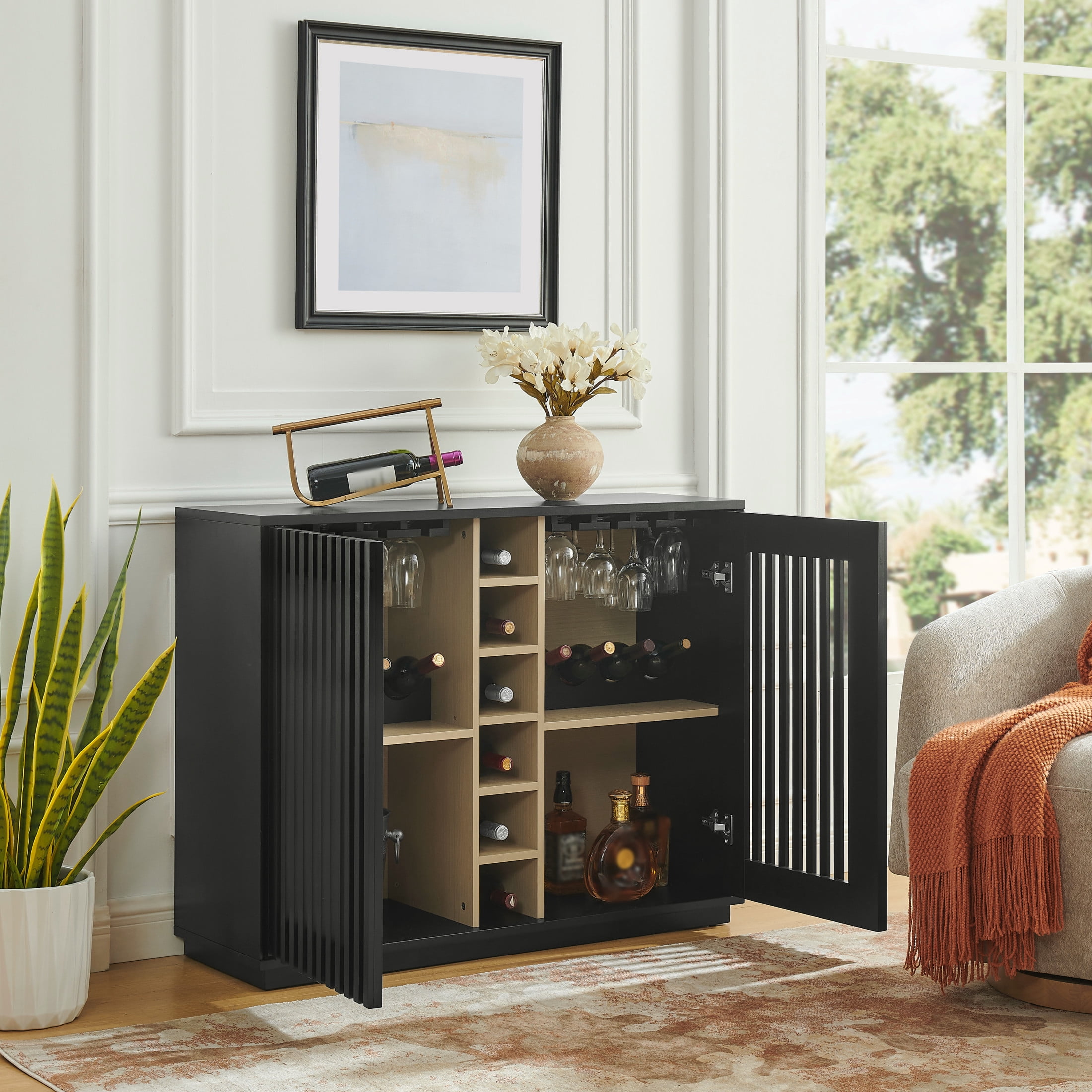 GDF Studio 43.1" Mid Century Modern Fluted Liquor Cabinet with Wine Rack & Glass Holder, Black