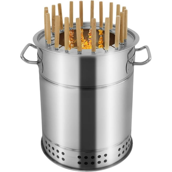 Portable Barbecue Charcoal Barrel Grill, Stainless Steel Surround Charcoal Grill with 20 Skewers, Sturdy and Durable, Easy to Use, for Camping, Picnics, Parties, Beaches
