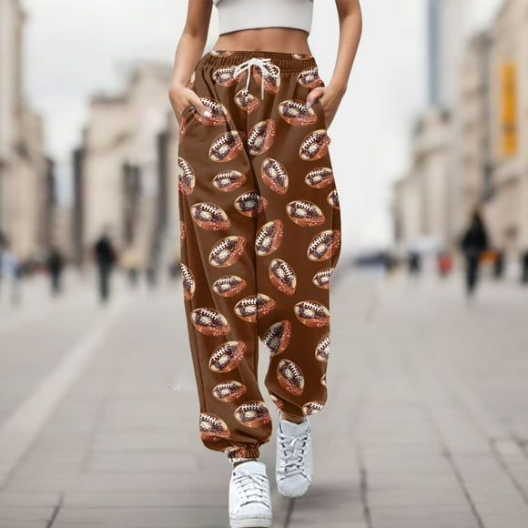 WILLBEST Pants for Women Women's Rugby Print Loose Pocket Ankle Strap High Waisted Sweatpants Casual Pants Kakie Pants