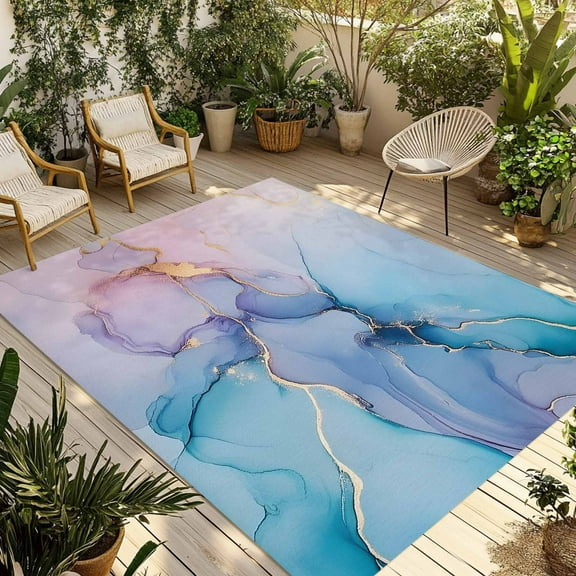 Fsddascl Abstract Marble Turquoise Outdoor Rug for Patio/Deck/Porch, Non-Slip Large Area Rug 4 x 6 Ft, Gradient Pink Blue Gold Foil Wavy Indoor Outdoor Rugs Washable Area Rugs, Camping Rug Carpet