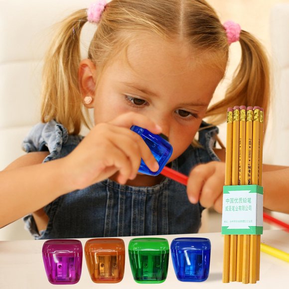 Student Plastic Colored Transparent Pencil Sharpener Pencil Set-geometric Double Hole Sketch Sharpener Pencil Set- 4pc Pencil Sharpener And 10pc Pencil