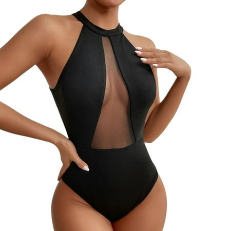 Swimsuit Coverup for Women One Piece Sleeveless Scoop Neck High Cut Skinny Mesh Tank Top Bodysuit Seaside Trendy Lightweight Delicate Black Swimwear Sizes 2XL
