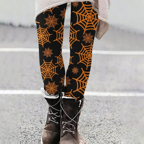 EQWLJWE Halloween Leggings for Women Plus Size Funny Spider Web Graphic Stretchy Pants High Waist Ankle Elastic Tights Thermal Warm Legging Clearance Fuzzy Halloween Pajama Pants