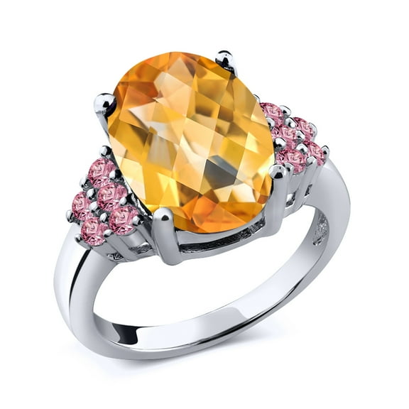 Gem Stone King 6.11 Ct Oval Checkerboard Yellow Citrine Pink Lab Grown Diamond 925 Sterling Silver Ring (Size 5)