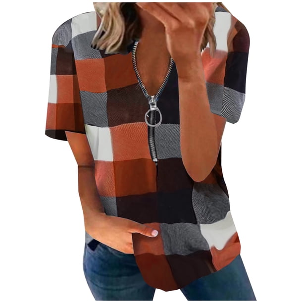 Blusa de camiseta informal con cremallera y estampado de manga corta con cuello en V de verano para mujer con estilo OAVQHLG3B Store lin121212