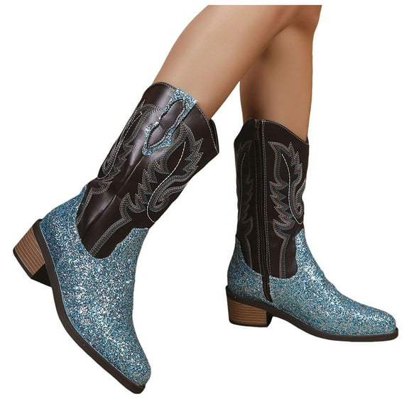 Chenyee Cowboy Boots for Women Mid Calf Cowgirl Boots Embroidery Pointed Toe Low Heel Dress Shoes