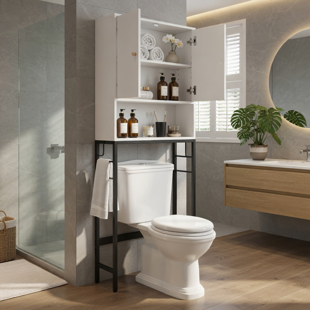 Hommoo Over the Toilet Storage Cabinet with 2 Doors & Adjustable Shelf, Space-Saving Bathroom Organizer for Toilets, White