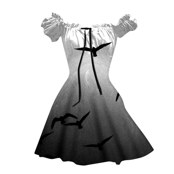 TJAZFJPA Plus Size Dresses Women's Mini Dress Puff Sleeves Vintage Print Gothic Dress Plus Size Drawstring Sexy Party Dresses Knit Dress Beach Dresses