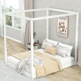 thumbnail image 3 of Euroco Pine Wood Queen Size Canopy Bed, Low Profile Platform Bed with Support Legs for Adults, White, 3 of 9