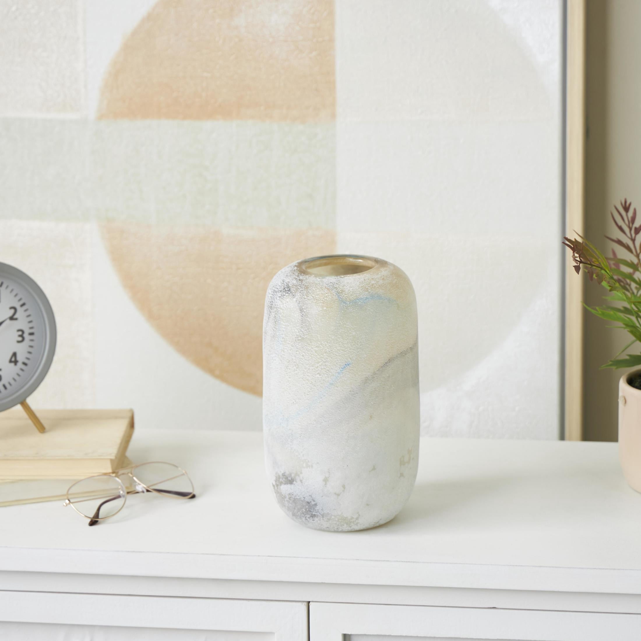DecMode 10" Distressed Cream Glass Vase with Blue and Tan Texturing