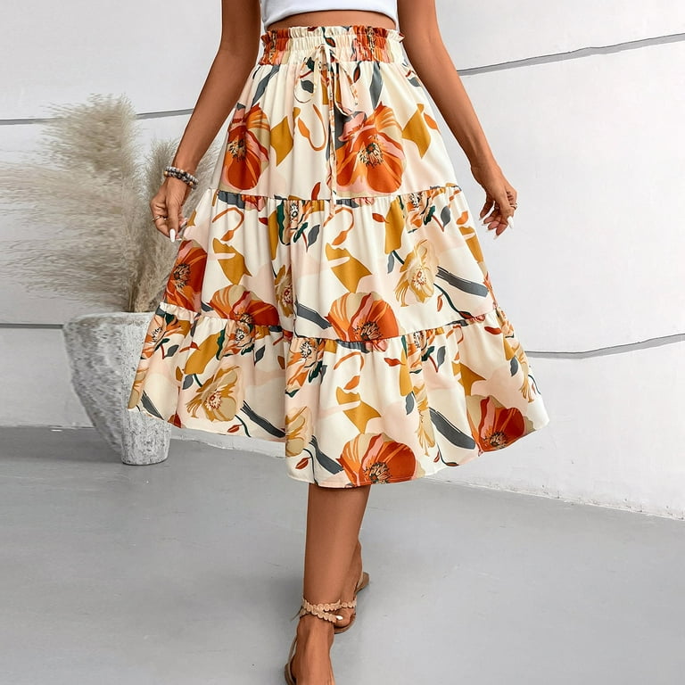 Women Maxi Skirt Plus Size Bohemian Pleated Ruffle Smocked Floral