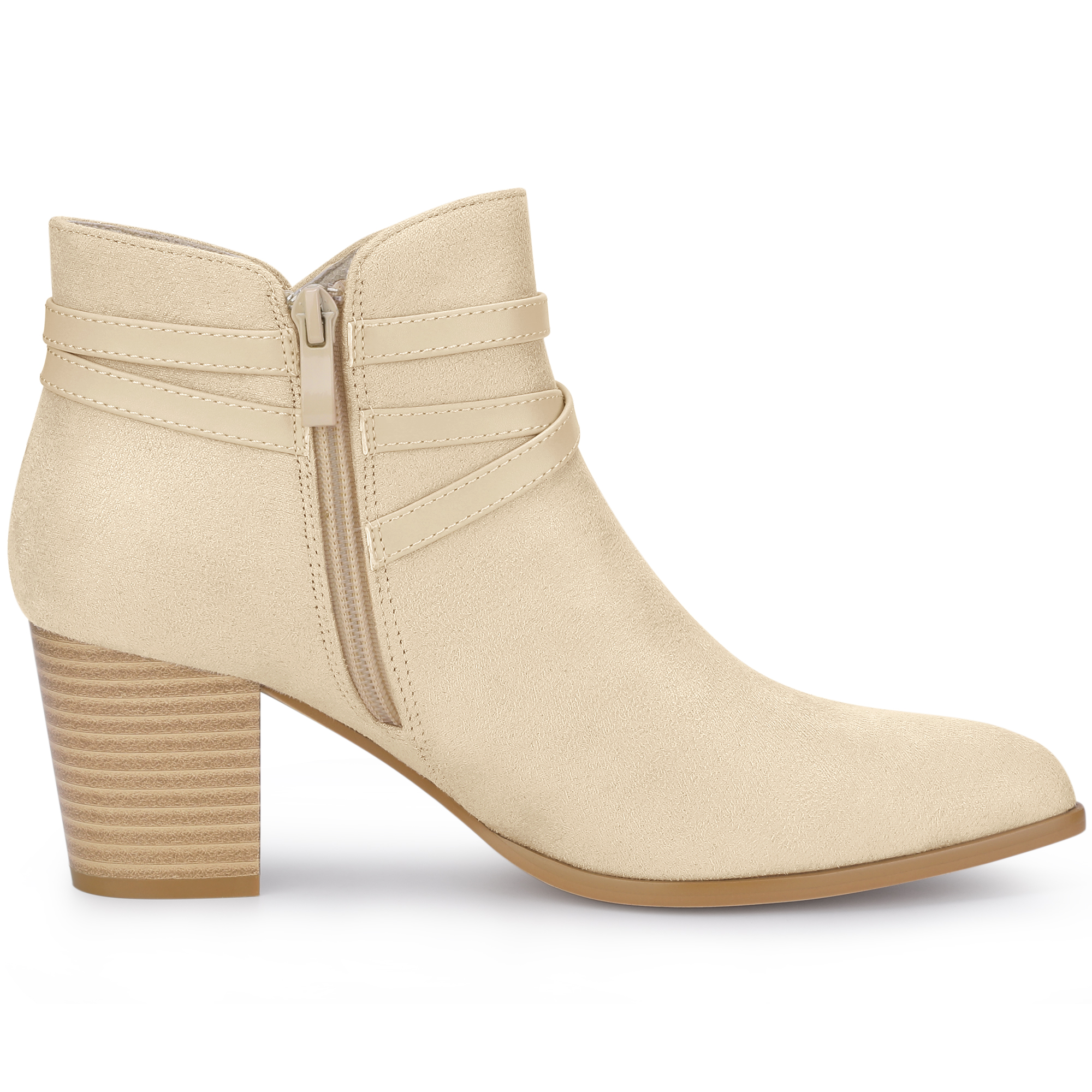 DARING DIVA Strappy Pointed Toe Buckle Chunky Heel Ankle Booties Beige 7