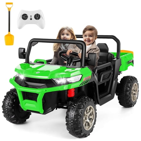 Vibespark 24 V 2x200W Kids Ride on Dump Truck with Remote Control, 2 Seater Electric Powered 4-Wheel UTV Toys, Ride on Tractor Car w/ Tipping Bucket Trailer, Shovel, Suspension, Bluetooth Music, Green