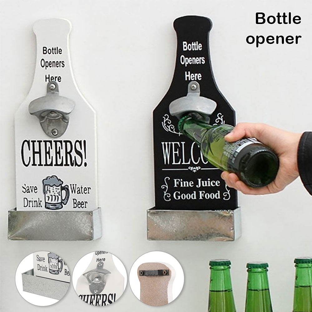 Retro Wooden Beer Bottle Shaped Wall Mounted Drinks Cap Top Opener Novelty Gift 